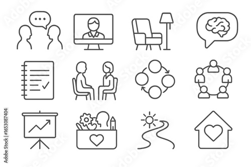 Therapy Line Icons. Line style icons of therapy and counseling: talk therapy icon, online therapist screen, therapist office,