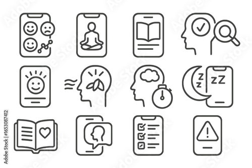 Mental Health Icons. Line style icons of mental health apps and tools: mood tracker app, meditation app, journaling app,