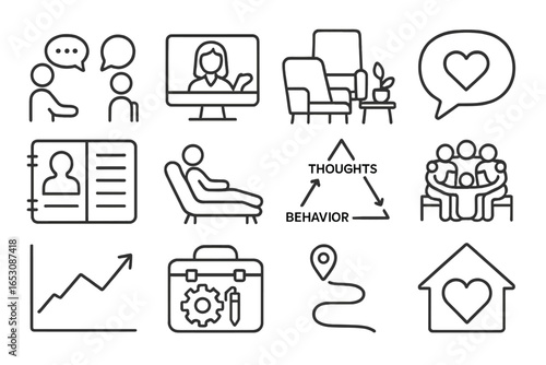 Therapy Line Icons. Line style icons of therapy and counseling: talk therapy icon, online therapist screen, therapist office,