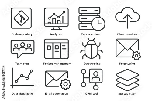 Tech Tools Icons. Line style icons of tech startup tools: code repository icon, analytics dashboard, server uptime icon, cloud