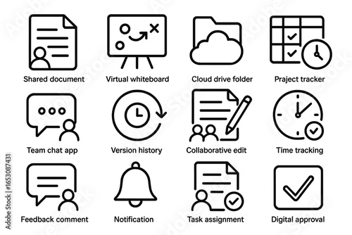 Remote Collaboration Icons. Line style icons of remote collaboration tools: shared document icon, virtual whiteboard, cloud drive