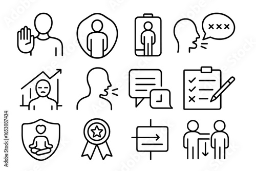 Mental Health Icons. Line style icons of mental health boundaries: say no icon, personal space bubble, energy limit icon, social