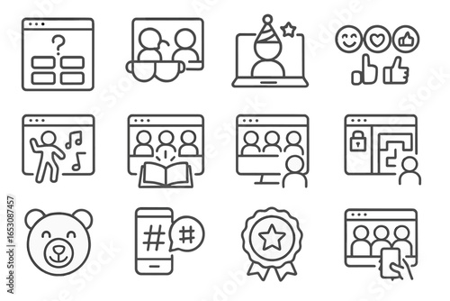 Remote Team Icons. Line style icons of remote team building: online trivia night, virtual coffee chat, remote birthday celebration