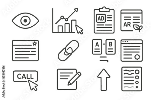 Digital Marketing Icons. Line style icons of CTR and impressions: impressions eye icon, CTR percentage chart, click path icon, ad