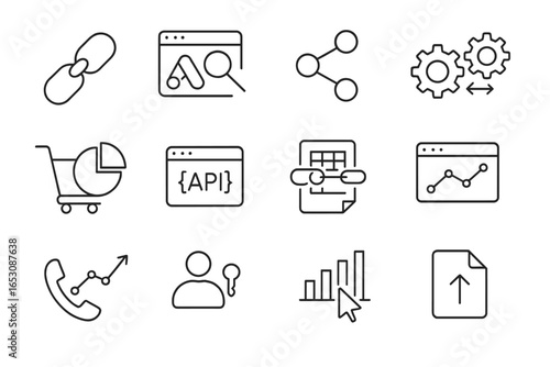 Analytics Integration Icons. Line style icons of analytics integrations: Google Ads link, Google Search Console, Data Studio icon,