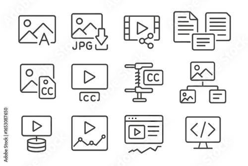 SEO Media Icons. Line style icons of image and video SEO: image alt tag, image file size icon, video schema icon, transcript icon,