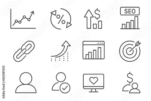 SEO KPI Icons. Line style icons of SEO KPIs: organic traffic chart, conversion rate icon, revenue from SEO, keyword rankings,