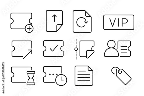Support Ticket Icons. Line style icons of support tickets and workflow: new ticket icon, open request icon, ticket status icon,