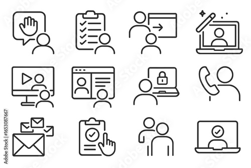 Customer Onboarding Icons. Line style icons of customer onboarding: welcome message icon, onboarding checklist, getting started
