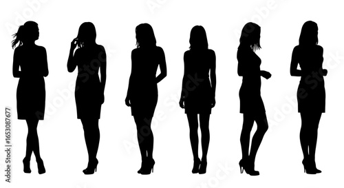 Diverse silhouettes of women showcasing various professional attire and body postures representing a spectrum of female presence in modern workplaces and social settings