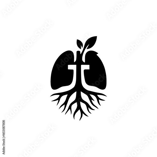 Silhouette of lungs transforming into branching tree roots and leaves medical icon