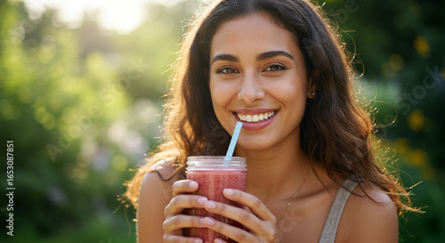 Food influencer smiling while tasting a fresh fruit smoothie outdoors