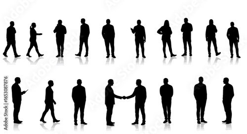 A Diverse Collection of Silhouetted Business Professionals Engaged in Various Activities and Interactions on a White Background Representing Collaboration and Success in the Corporate World