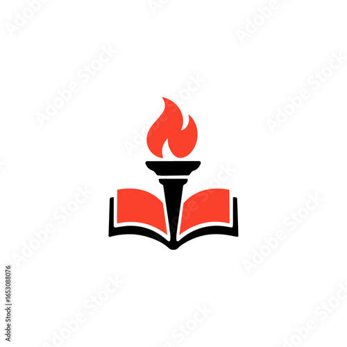 Torch flame rising from an open book education and inspiration concept