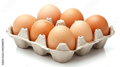 Six eggs in carton isolated on white on white background