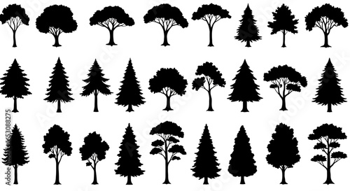 Collection of Silhouetted Trees Showing Diverse Shapes and Leaf Structures Including Deciduous and Evergreen Varieties Ideal for Design and Illustration