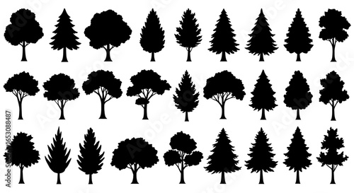 Collection of Diverse Tree Silhouettes Representing Various Forest Species and Woodland Ecosystems for Design and Illustration Purposes