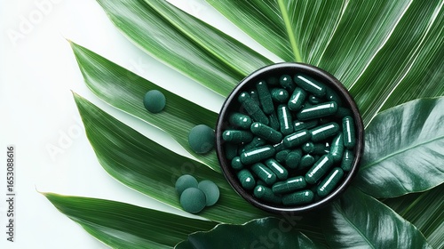 Spirulina supplement on banana leaves, top-down shot with left side open for text overlay on white background