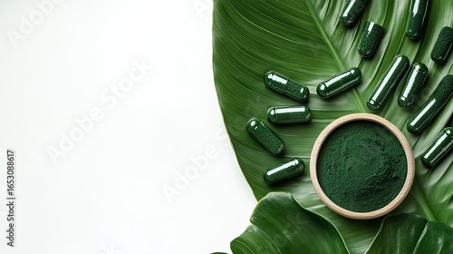 Spirulina supplement on banana leaves, top-down shot with left side open for text overlay on white background 