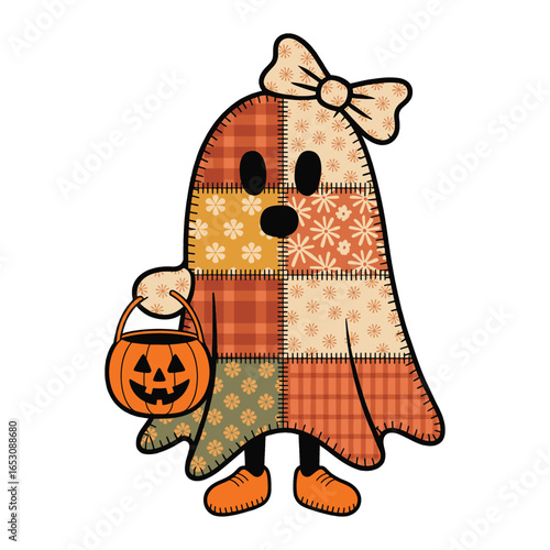 Patchwork Ghost with Pumpkin Basket Halloween vector illustrator
