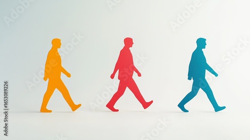 Three coral red, teal blue, and mustard yellow paper-cutout figures walking side by side from left to right on a smooth light grey background,