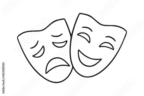 Two ancient traditional theatrical mask. greek game human masks doodle hand drawn icon. Outline drawing Comedy and tragedy mask line clipart symbol