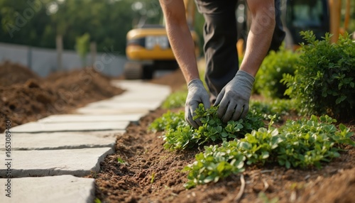 Landscape designer places shrubs, plants. Construction site with stones path, excavator blurred background. Gardener hands work with soil ground in garden. Design, nature, landscaping concept.