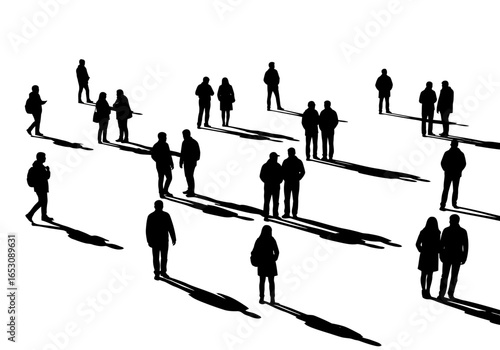 A Collection of Silhouetted Figures Standing and Walking Across a Brightly Lit Expanse Casting Elongated Shadows on the Ground Beneath Them