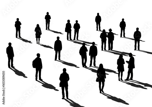 Diverse silhouettes of people standing in groups and individually casting long shadows on a bright white surface suggesting a sunny day and various social interactions