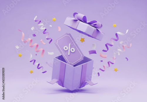Surprise Gift Box Unboxing with Confetti and Discount Voucher Symbol Announcing a Special Offer or Promotion