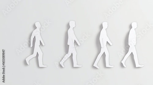 Three white paper figures, each representing a person walking in the same direction on a light grey background. 