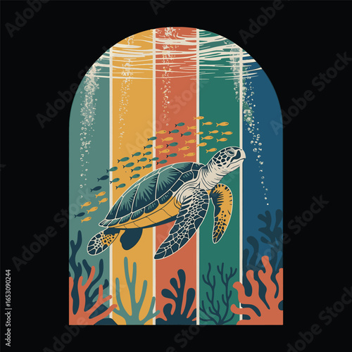 Retro colorful turtle illustration ocean life vector design