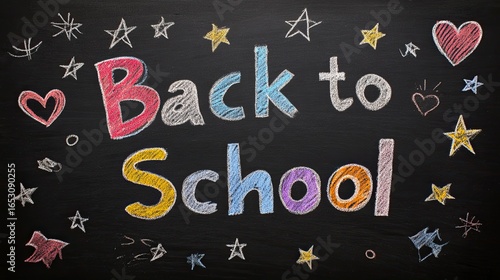 Chalk-Drawn 'Back to School' on Blackboard with Star-Cornered, Minimalist Cartoon Style