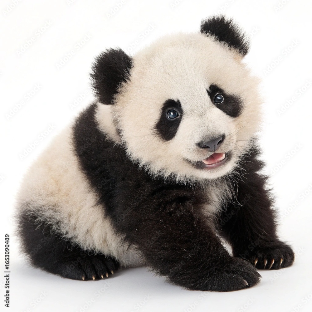 Fototapeta premium Cute panda cub sitting, white background