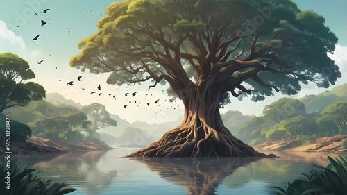 landscape with trees and water