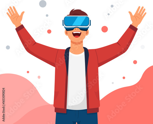 Excited cartoon man in a red jacket and VR headset, with arms raised in joy while experiencing virtual reality.