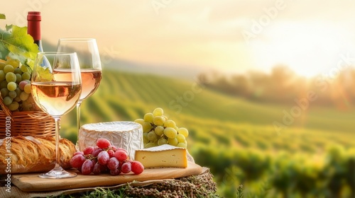 Elegant wine and cheese picnic in a vineyard at sunset