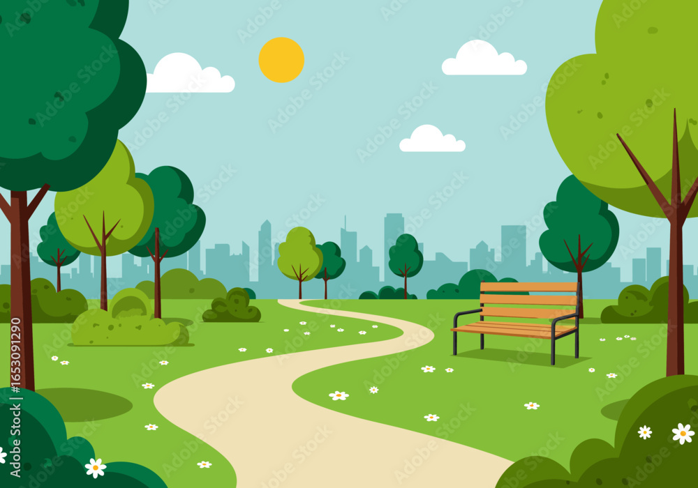 Obraz premium A Serene Walk Through the Urban Green Oasis on a Bright Sunny Day