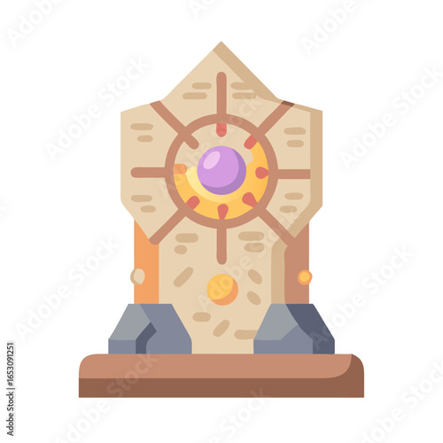 Ancient fantasy magical altar or totem with glowing crystal gem. Sacred structure for game or mobile app. Vector icon in flat style