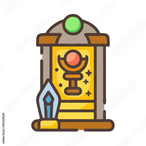 Fantasy magic altar with chalice and staff icon. Game interface element for mobile app and web design or spiritual concept. Vector illustration