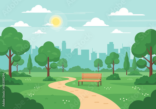 A serene urban park scene on a bright sunny day featuring a winding path leading to a wooden bench with a city skyline in the background and lush green trees and grass.