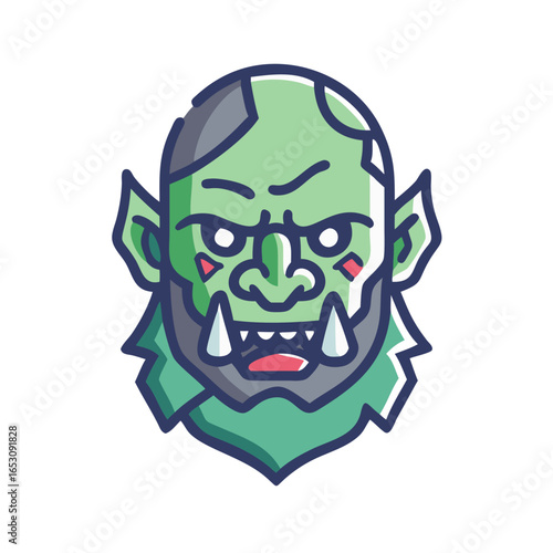 Green fantasy orc man character face icon for game or mobile app. Angry powerful beast concept vector icon for avatar or badge