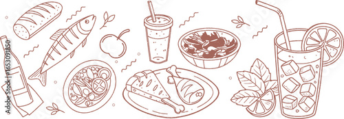 Hand drawn doodle food and drink set with fish, bread, salad, juice, wine, and fruit. Vintage sketch illustration for café, restaurant, and culinary design. Outline style graphic art.