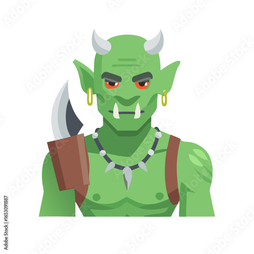 Green orc character with red eyes, small horns and tusks, wearing a spiked necklace and carrying a knife. Vector illustration for game, mobile app, avatar