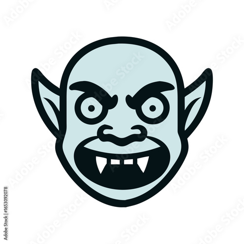 Cute cartoon style vampire head icon with fangs and pointy ears. Spooky Halloween monster face element for game or mobile app. Vector illustration