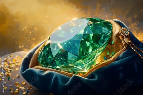 Wallpaper Mural A large glittering emerald gemstone lies nestled in a velvet pouch surrounded by scattered confetti and soft warm light Torontodigital.ca