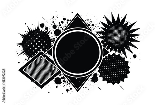 Abstract grunge geometric shapes and spiky organic elements with ink splatters