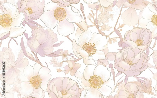 Wallpaper Mural Delicate pastel pink floral pattern: hand-drawn line art with peonies, roses, tulips on white background, detailed, simple elegant, soft romantic feel Torontodigital.ca
