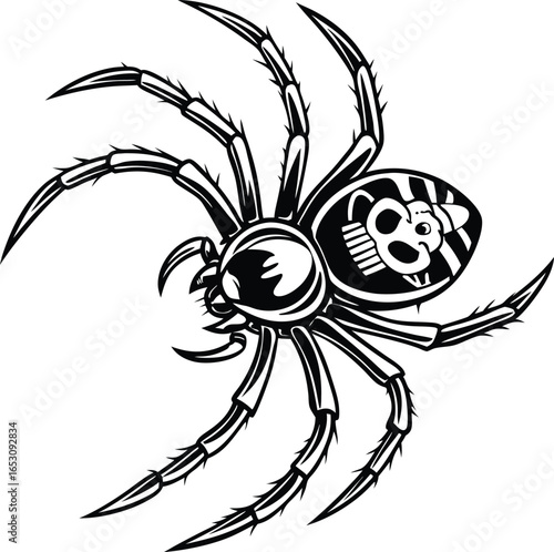Vector art of detailed vector illustration of a black widow spider with a skull marking on its abdomen symbolizing halloween