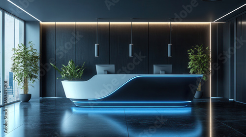 Tech company reception counter mockup future technology office lighting space workplace interior registration copy space desk design indoor decoration front view green plant decor